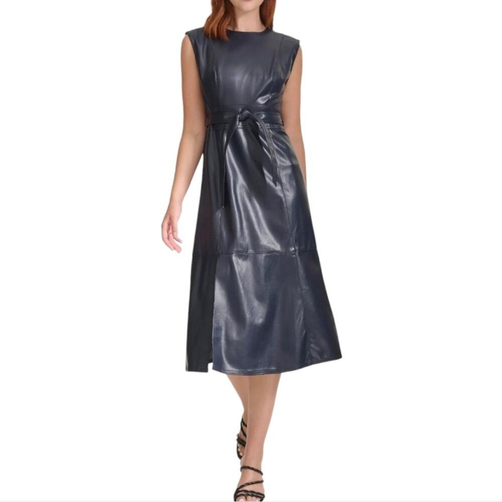 Calvin Klein Navy Blue Vegan Leather Belted Midi Dress Size 12 New!